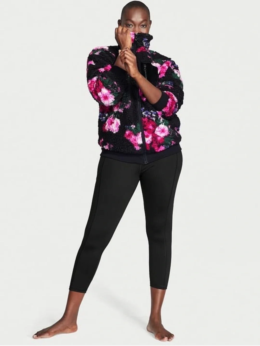 Victoria's Secret Black Sherpa Jacket with Pink Floral Print